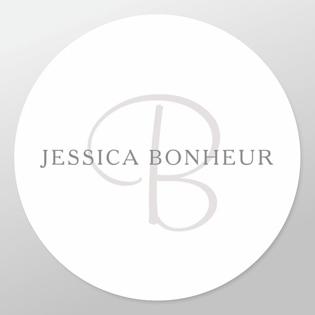 Sticker Rond Monogramme de nom élégant | Blanc & Gris (Créateur téléchargé)
