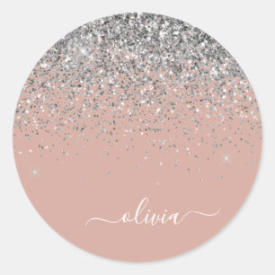 Sticker Rond Monogramme de Parties scintillant en argent rose v
