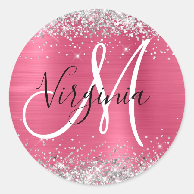 Sticker Rond Monogramme de Parties scintillant en argent rouge  (Devant)