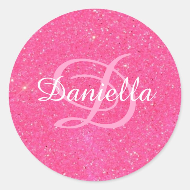 Sticker Rond Monogramme de Parties scintillant Faux Rose Chaud  (Devant)