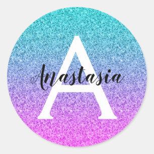 Sticker Rond Monogramme de Parties scintillant violet Ombre Pin
