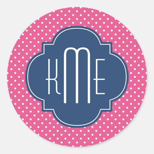 Sticker Rond Monogramme de Quatrefoil Pois rose (Devant)