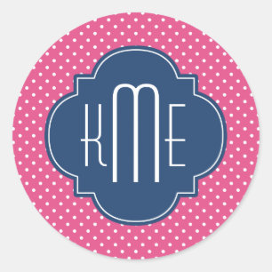 Sticker Rond Monogramme de Quatrefoil Pois rose