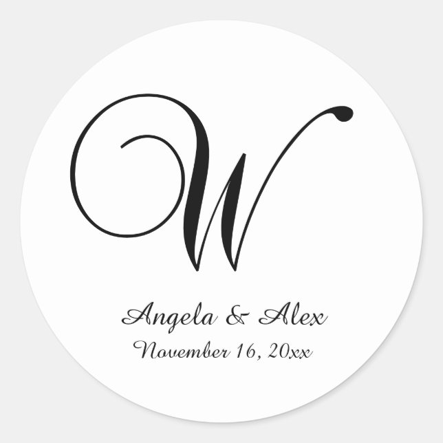 Sticker Rond Monogramme de script décoratif noir sur blanc W (Devant)