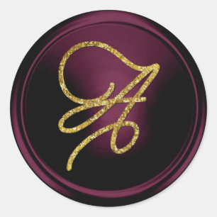 Sticker Rond Monogramme de script doré TOUTES INITIALES prune f