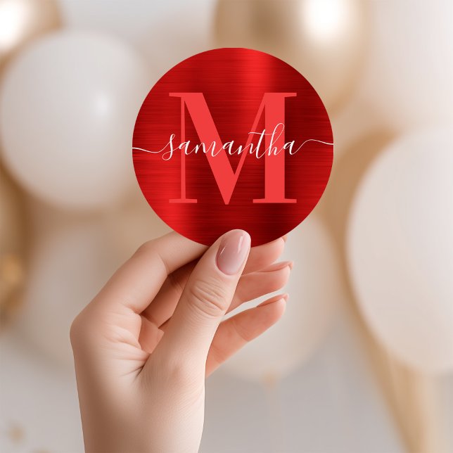 Sticker Rond Monogramme de signature en feuille rouge (Signature Monogram Red Foil Classic Round Sticker)