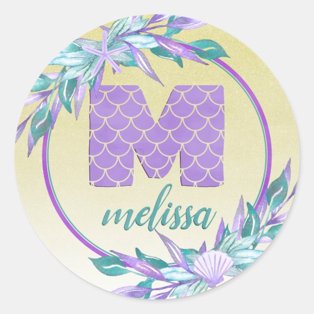 Sticker Rond Monogramme de sirène d'aquarelle florale ombre (Devant)