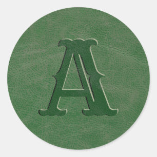 Sticker Rond Monogramme de texture en cuir vert rustique initia