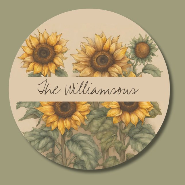 Sticker Rond Monogramme de tournesol rustique délicat (Créateur téléchargé)