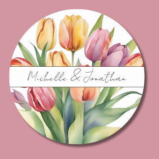 Sticker Rond Monogramme de tulipe d'aquarelle