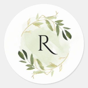 STICKER ROND MONOGRAMME D'EAU DE COULEUR VERT D'OR FOLIAGE