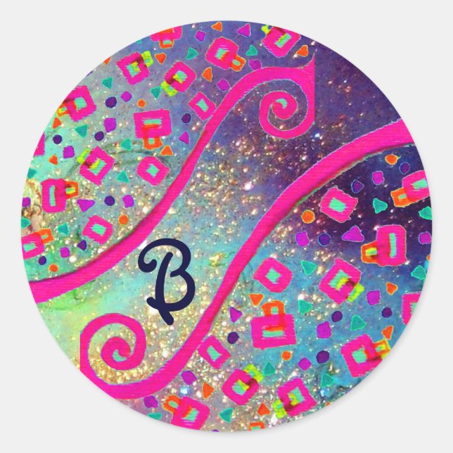 Sticker Rond MONOGRAMME DÉCO ABSTRAIT Fuchsia Blue (Devant)