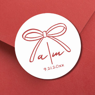 Sticker Rond Monogramme Dessiné à la Main Nœud Rouge Mariage