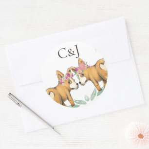 Sticker Rond Monogramme deux mariées Corgi Chiens Mariage