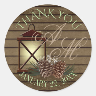 Sticker Rond Monogramme d'hiver rustique de lanterne et de pin