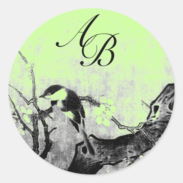 STICKER ROND MONOGRAMME D'OISEAU DE PRINTEMPS ET D'ARBRE DE FLE (Devant)