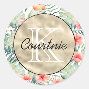 Sticker Rond Monogramme d'or floral de l'Hibiscus rose tropical