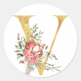 Sticker Rond MONOGRAMME D'OR lettre V avec fleur