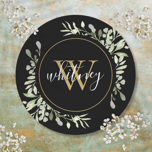 Sticker Rond Monogramme d'or personnalisé Élégant vert Noir (Personalized Gold Monogram Elegant Greenery Black Classic Round Sticker)