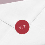 Sticker Rond Monogramme du Mariage de couleur Arrière - plan mo<br><div class="desc">Cet autocollant mariage monogramme présente les initiales du couple mariage en blanc contre une couleur arrière - plan modifiable ; pour passer du rouge rubis à la couleur de votre choix, cliquez sur le bouton personnaliser. Consultez d'autres articles mariages correspondants ici https://www.zazzle.com/collections/editable_color_gold_round_monogram_wedding_2-119288986699154206?rf=238364477188679314&tc=rc . Personnalisez-le en remplaçant le texte de l'espace...</div>