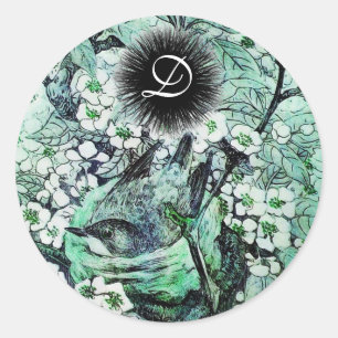 Sticker Rond monogramme du NID d'OISEAU, vert blanc