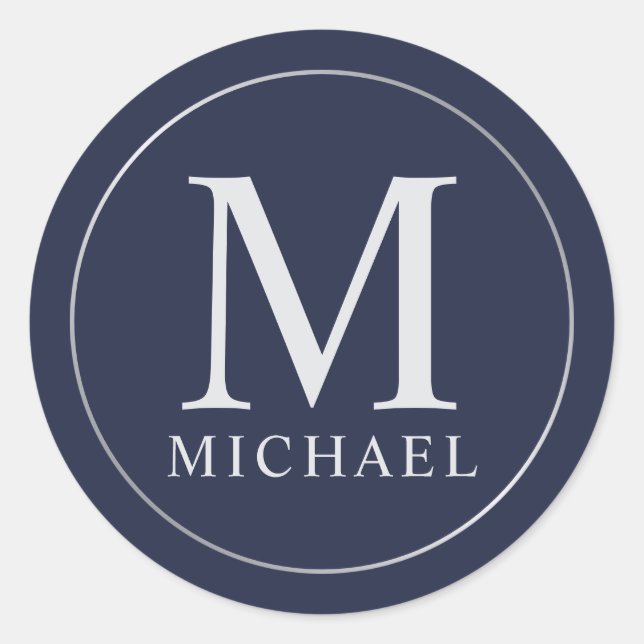 Sticker Rond Monogramme élégant bleu marine et argent (Devant)