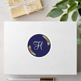 Sticker Rond Monogramme élégant bleu marine et or (personnalisa