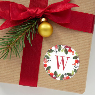 Sticker Rond Monogramme élégant de Noël aux baies de verdure ro