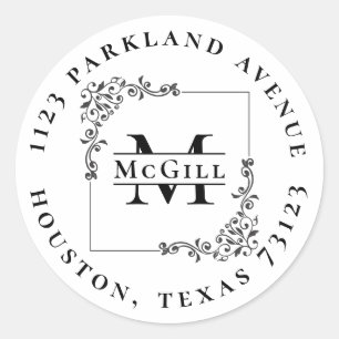 Sticker Rond Monogramme élégant et nom de famille Rond Adresse