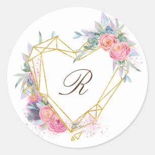 Sticker Rond monogramme élégant floral rose coeur doré