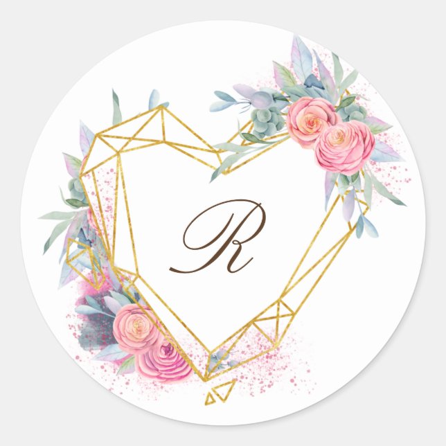 Sticker Rond monogramme élégant floral rose coeur doré (Devant)