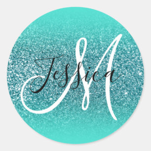 Sticker Rond Monogramme élégant turquoise ombré faux sarcelle p