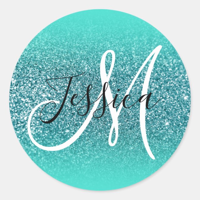 Sticker Rond Monogramme élégant turquoise ombré faux sarcelle p (Devant)