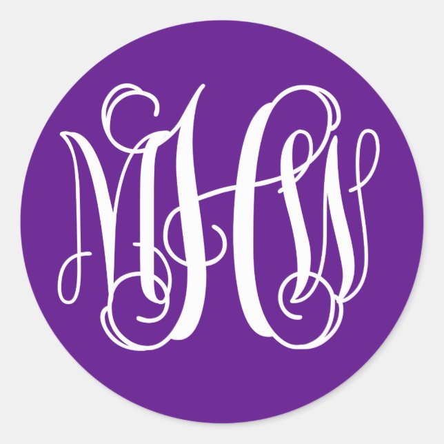 Sticker Rond Monogramme en écriture cursive violet blanc en vin (Devant)