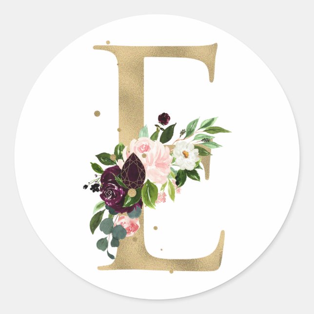 Sticker Rond Monogramme en lettres dorées fleurs boho burgundy  (Devant)