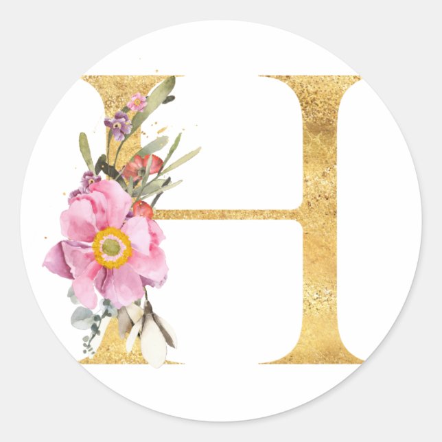 Sticker Rond Monogramme en or lettre H avec fleurs (Devant)