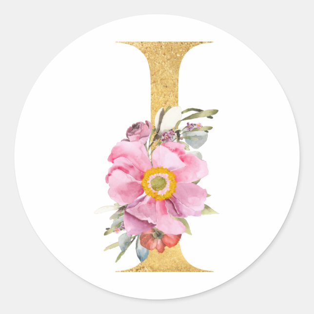 Sticker Rond Monogramme en or lettre I avec fleurs (Devant)