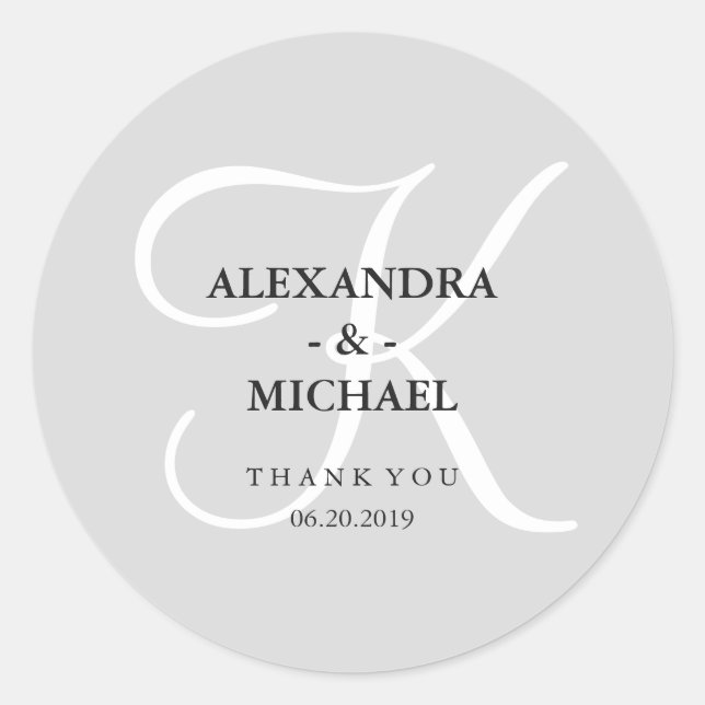 Sticker Rond Monogramme et Merci gris classique moderne (Devant)