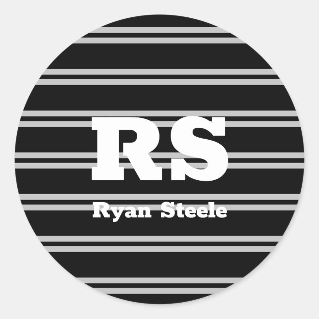 Sticker Rond Monogramme et nom blanc gras, lignes gris clair su (Devant)