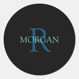 Sticker Rond Monogramme et nom, bleu et Turquoise