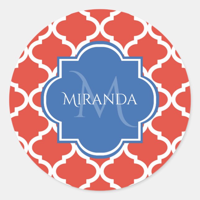 Sticker Rond Monogramme et nom bleu Quatrefoil rouge tendance (Devant)