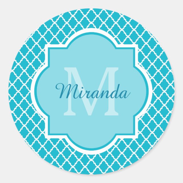 Sticker Rond Monogramme et nom de Quatrefoil bleu turquoise cla (Devant)