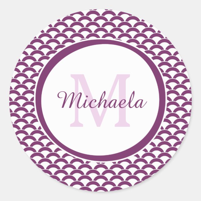 Sticker Rond Monogramme et nom des pétoncles violets et blancs  (Devant)