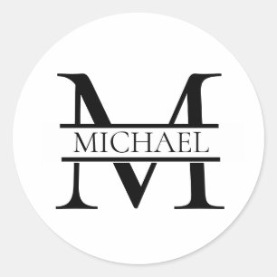 Sticker Rond Monogramme et nom Elégant Personnalisé Blanc