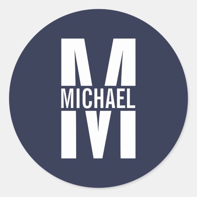 Sticker Rond Monogramme et nom personnalisés bleu marine (Devant)
