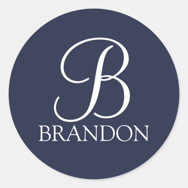Sticker Rond Monogramme et nom personnalisés en bleu marine (Devant)