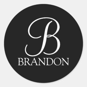 Sticker Rond Monogramme et nom personnalisés en script noir