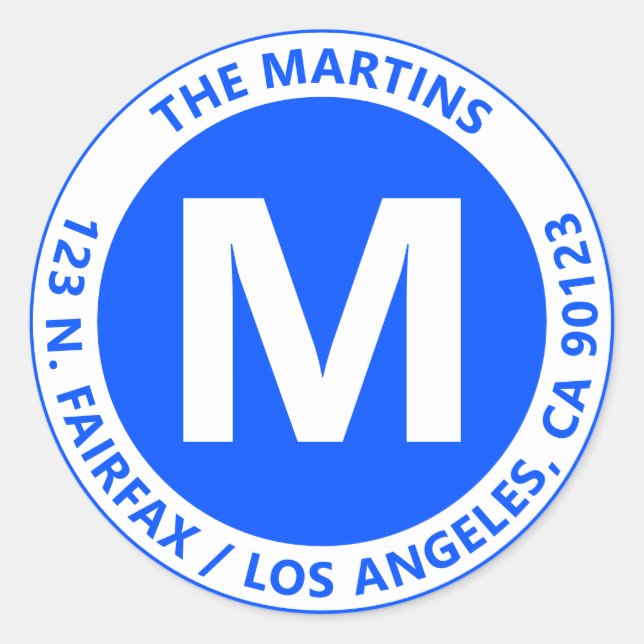 Sticker Rond Monogramme et texte bleu et blanc très gras (Devant)