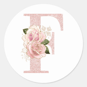 Sticker Rond Monogramme F floral pailleté or rose pâle féminin