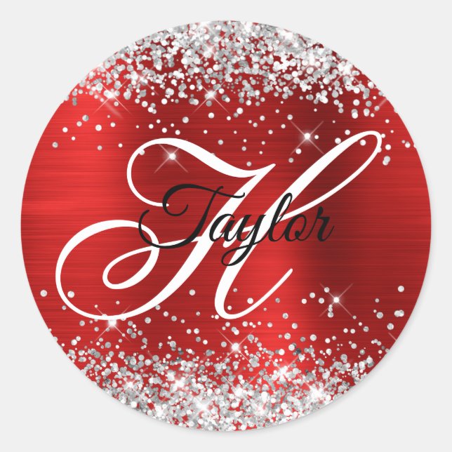 Sticker Rond Monogramme fantaisie argent pailleté feuille rouge (Devant)